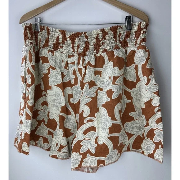 Boden Linen Shirred Waist Shorts Smocked Pull On Vine Coastal US Plus Size 16 18 - Picture 8 of 11